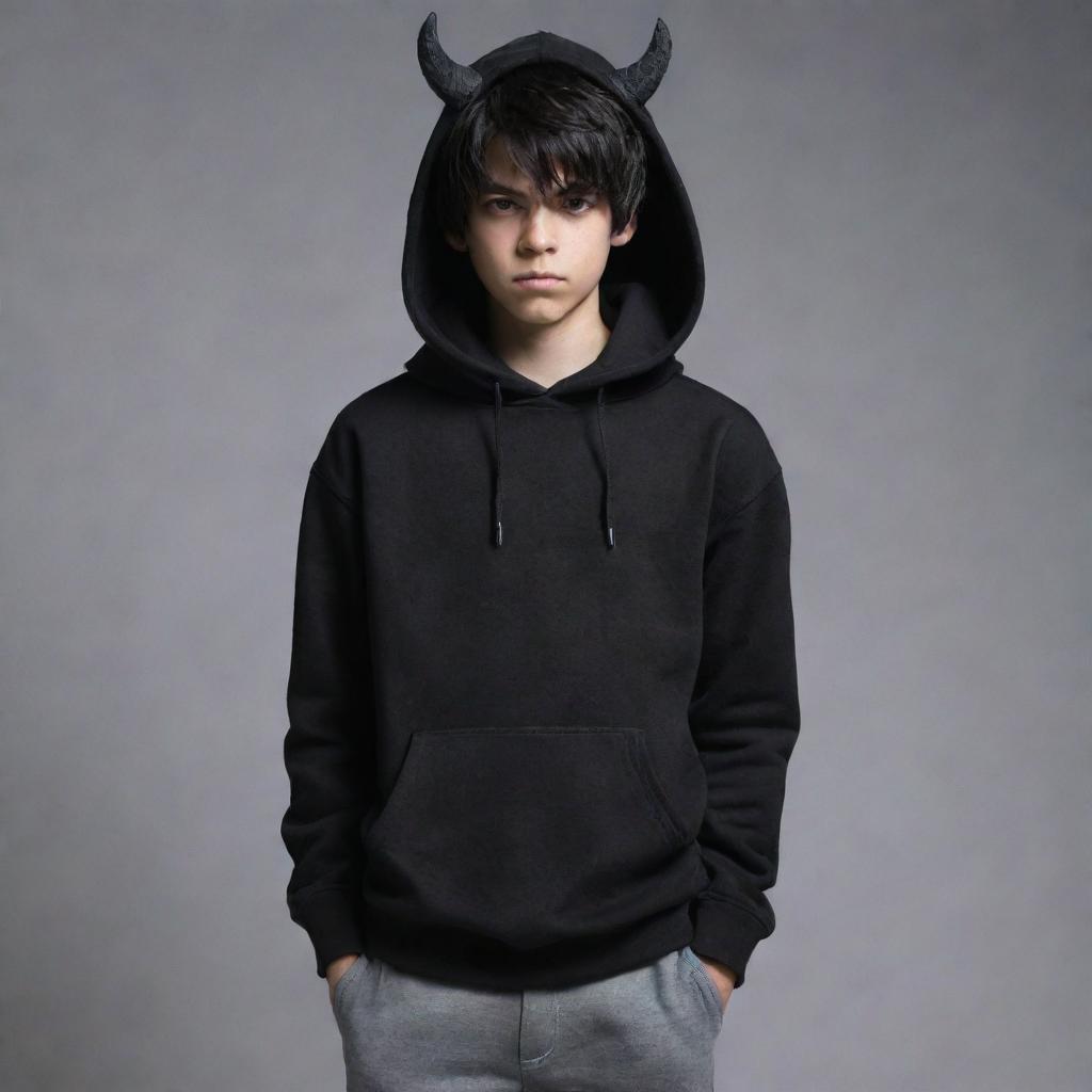 Teenage boy wearing a black hoodie and gray pants, with black hair. Half of his left side face transforms into a demon-like monster.