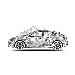 A stunning artistic representation of a car featuring a unique design that combines three themes: majestic mountains, adventurous biking, and thrilling kayaking