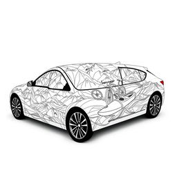 A stunning artistic representation of a car featuring a unique design that combines three themes: majestic mountains, adventurous biking, and thrilling kayaking