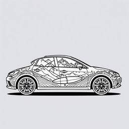 A stunning black line art illustration of a car, creatively adorned with intricate designs that feature a mountain theme, a bike theme, and a kayak theme