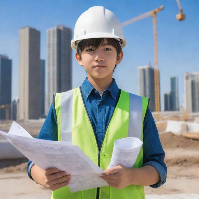 Anime-style boy character dressed as a civil engineer, wearing a hard hat and holding blueprints. He is on a construction site, showcasing anime cityscape in the background.