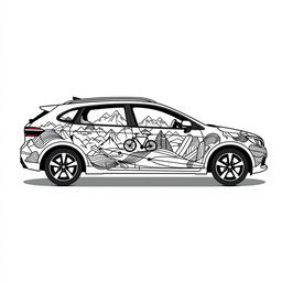 A stunning black line art illustration of a car, creatively adorned with intricate designs that feature a mountain theme, a bike theme, and a kayak theme