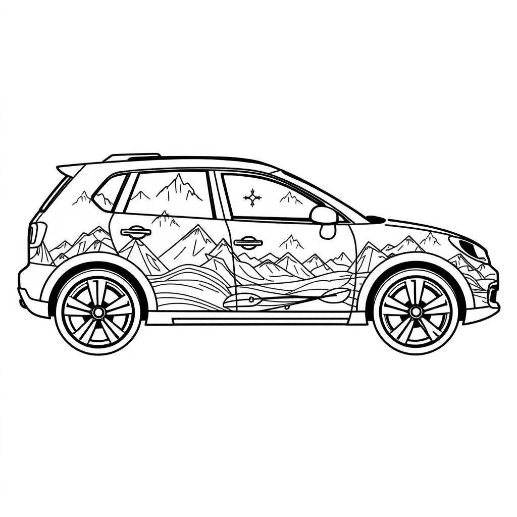 A stunning black line art illustration of a car, creatively adorned with intricate designs that feature a mountain theme, a bike theme, and a kayak theme