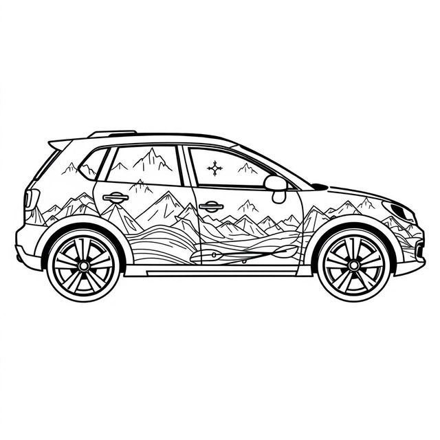 A stunning black line art illustration of a car, creatively adorned with intricate designs that feature a mountain theme, a bike theme, and a kayak theme