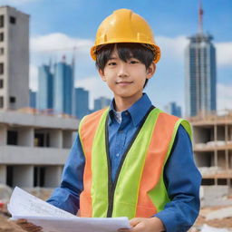 Anime-style boy character dressed as a civil engineer, wearing a hard hat and holding blueprints. He is on a construction site, showcasing anime cityscape in the background.