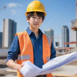 Anime-style boy character dressed as a civil engineer, wearing a hard hat and holding blueprints. He is on a construction site, showcasing anime cityscape in the background.