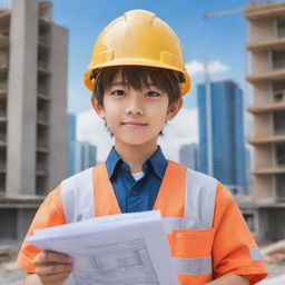 Anime-style boy character dressed as a civil engineer, wearing a hard hat and holding blueprints. He is on a construction site, showcasing anime cityscape in the background.