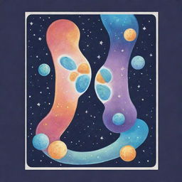 Design a cute, cartooned 'Cosmic Split' card, an 'upcell' type. Illustrate a cell being split into identical twins by cosmic energy in a charming, whimsical style. The scene should be fun and endearing, showing the replication of a cell.