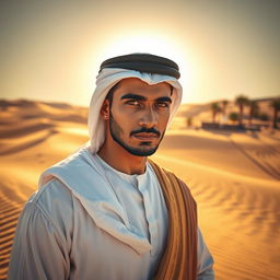 A beautiful Arab man with striking features, dressed in traditional attire, standing in a sunlit desert landscape with sand dunes in the background