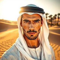 A beautiful Arab man with striking features, dressed in traditional attire, standing in a sunlit desert landscape with sand dunes in the background