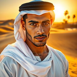 A beautiful Arab man with striking features, dressed in traditional attire, standing in a sunlit desert landscape with sand dunes in the background