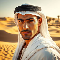 A beautiful Arab man with striking features, dressed in traditional attire, standing in a sunlit desert landscape with sand dunes in the background