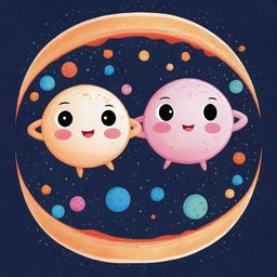 Design a cute, cartooned 'Cosmic Split' card, an 'upcell' type. Illustrate a cell being split into identical twins by cosmic energy in a charming, whimsical style. The scene should be fun and endearing, showing the replication of a cell.