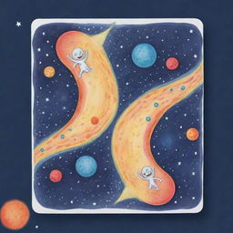 Design a cute, cartooned 'Cosmic Split' card, an 'upcell' type. Illustrate a cell being split into identical twins by cosmic energy in a charming, whimsical style. The scene should be fun and endearing, showing the replication of a cell.