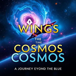 A book cover titled 'Wings of the Cosmos: A Journey Beyond the Blue' designed with a sleek and modern aesthetic