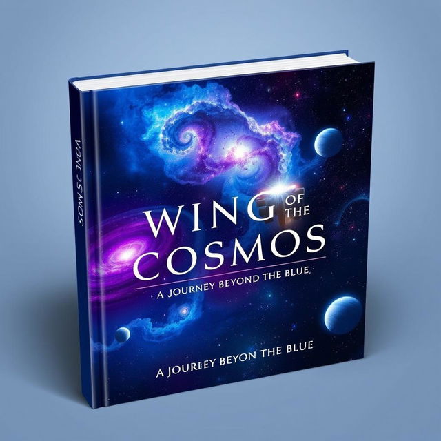 A book cover titled 'Wings of the Cosmos: A Journey Beyond the Blue' designed with a sleek and modern aesthetic