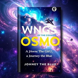 A book cover titled 'Wings of the Cosmos: A Journey Beyond the Blue' designed with a sleek and modern aesthetic