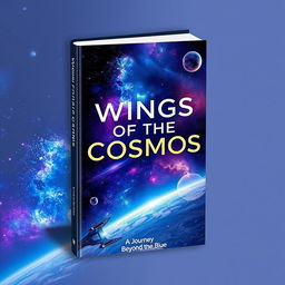 A book cover titled 'Wings of the Cosmos: A Journey Beyond the Blue' designed with a sleek and modern aesthetic