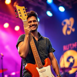 A man with one arm that transforms seamlessly into a guitar neck, creatively designed to merge the features of a human with a musical instrument