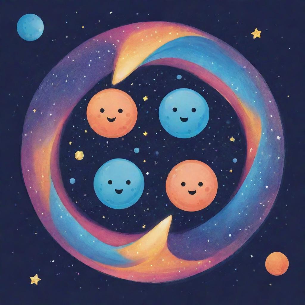 Design a cute, cartooned 'Cosmic Split' card, an 'upcell' type. Illustrate a cell being split into identical twins by cosmic energy in a charming, whimsical style. The scene should be fun and endearing, showing the replication of a cell.