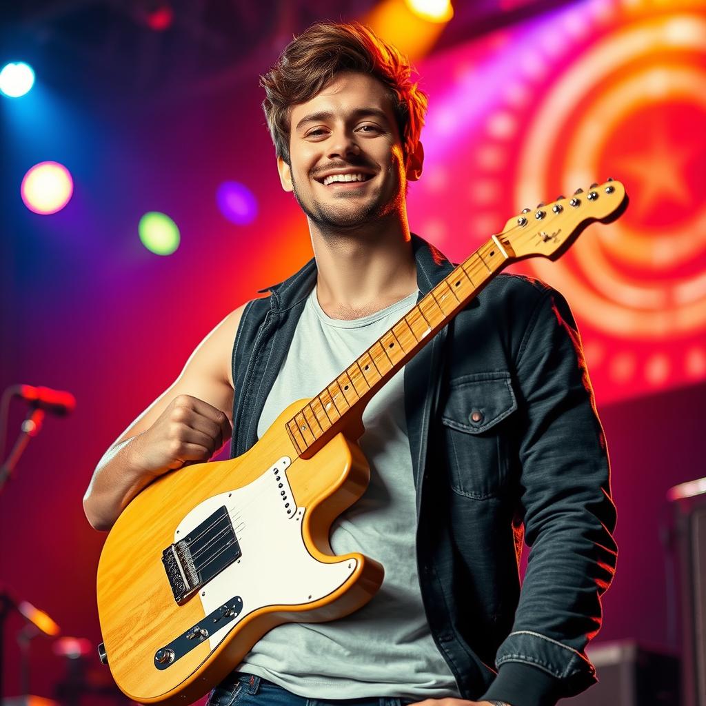 A man with one arm that transforms seamlessly into a guitar neck, creatively designed to merge the features of a human with a musical instrument