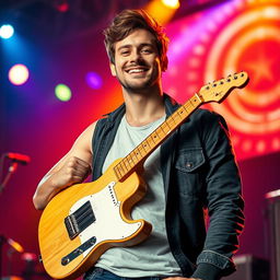 A man with one arm that transforms seamlessly into a guitar neck, creatively designed to merge the features of a human with a musical instrument