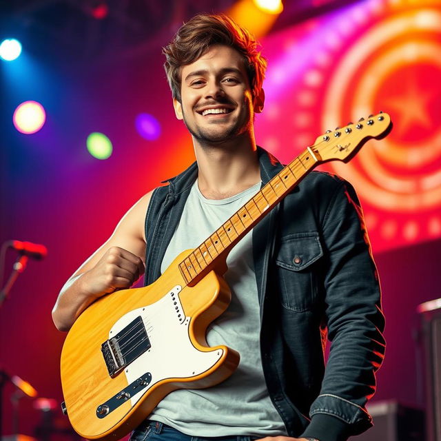 A man with one arm that transforms seamlessly into a guitar neck, creatively designed to merge the features of a human with a musical instrument