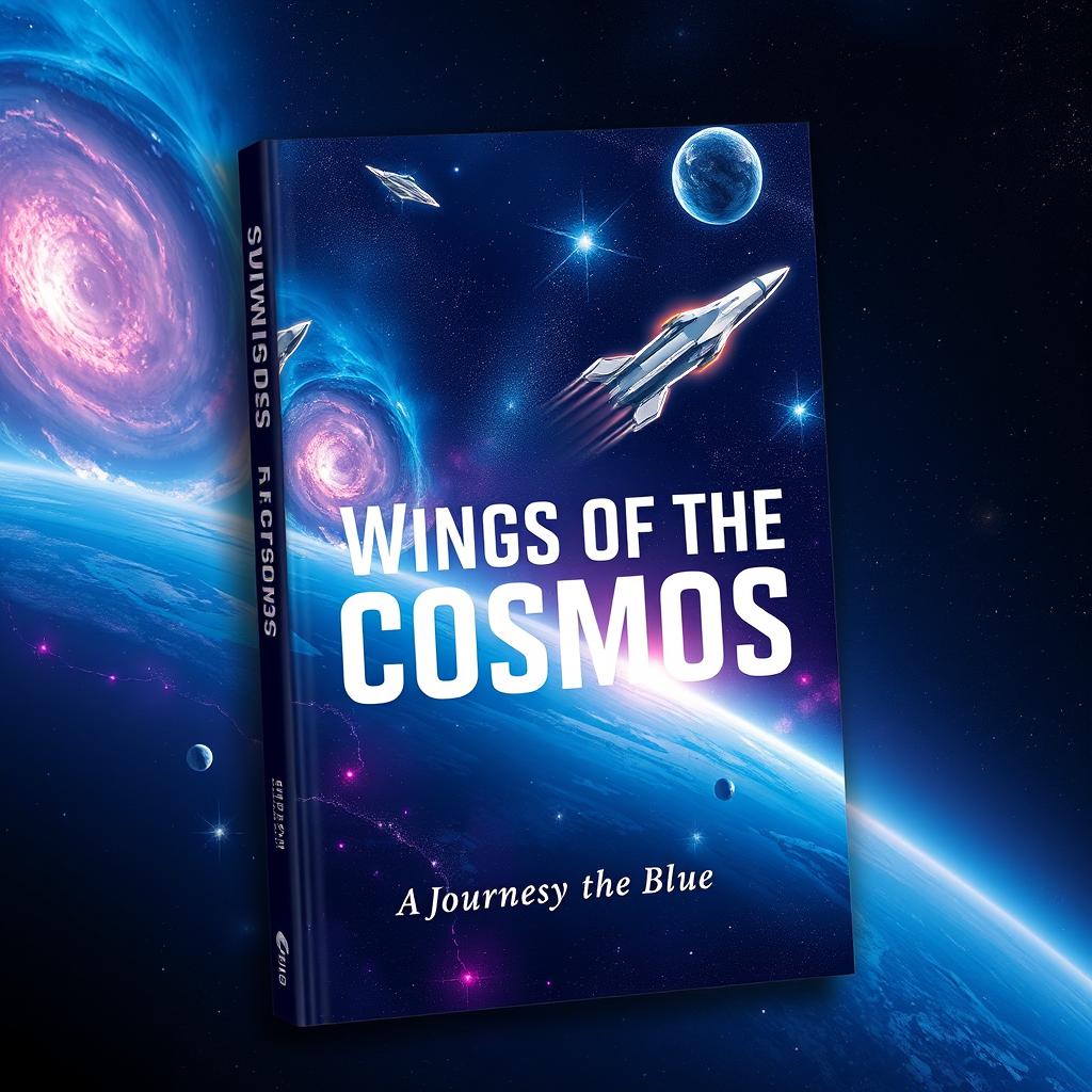 A book cover titled 'Wings of the Cosmos: A Journey Beyond the Blue' designed with a sleek and modern aesthetic