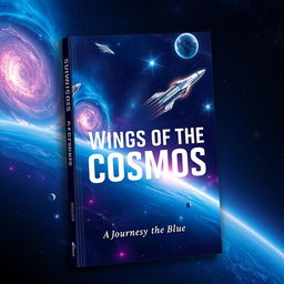 A book cover titled 'Wings of the Cosmos: A Journey Beyond the Blue' designed with a sleek and modern aesthetic