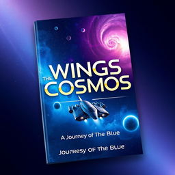 A book cover titled 'Wings of the Cosmos: A Journey Beyond the Blue' designed with a sleek and modern aesthetic