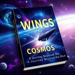 A book cover titled 'Wings of the Cosmos: A Journey Beyond the Blue' designed with a sleek and modern aesthetic