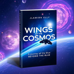 A book cover titled 'Wings of the Cosmos: A Journey Beyond the Blue' designed with a sleek and modern aesthetic