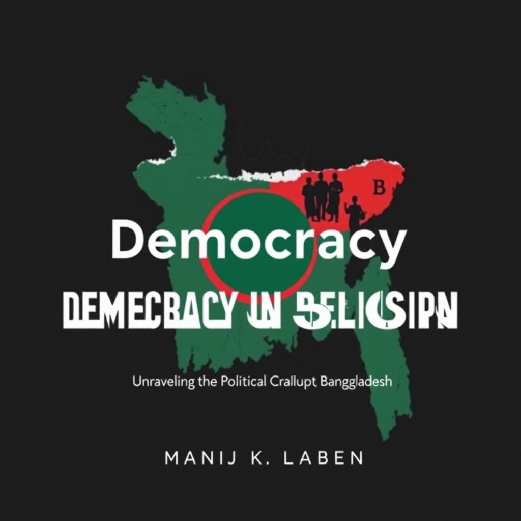 A book cover titled 'Democracy in Delusion: Unraveling the Political Paradox of Bangladesh' designed with a sleek and modern aesthetic