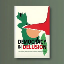 A book cover titled 'Democracy in Delusion: Unraveling the Political Paradox of Bangladesh' designed with a sleek and modern aesthetic