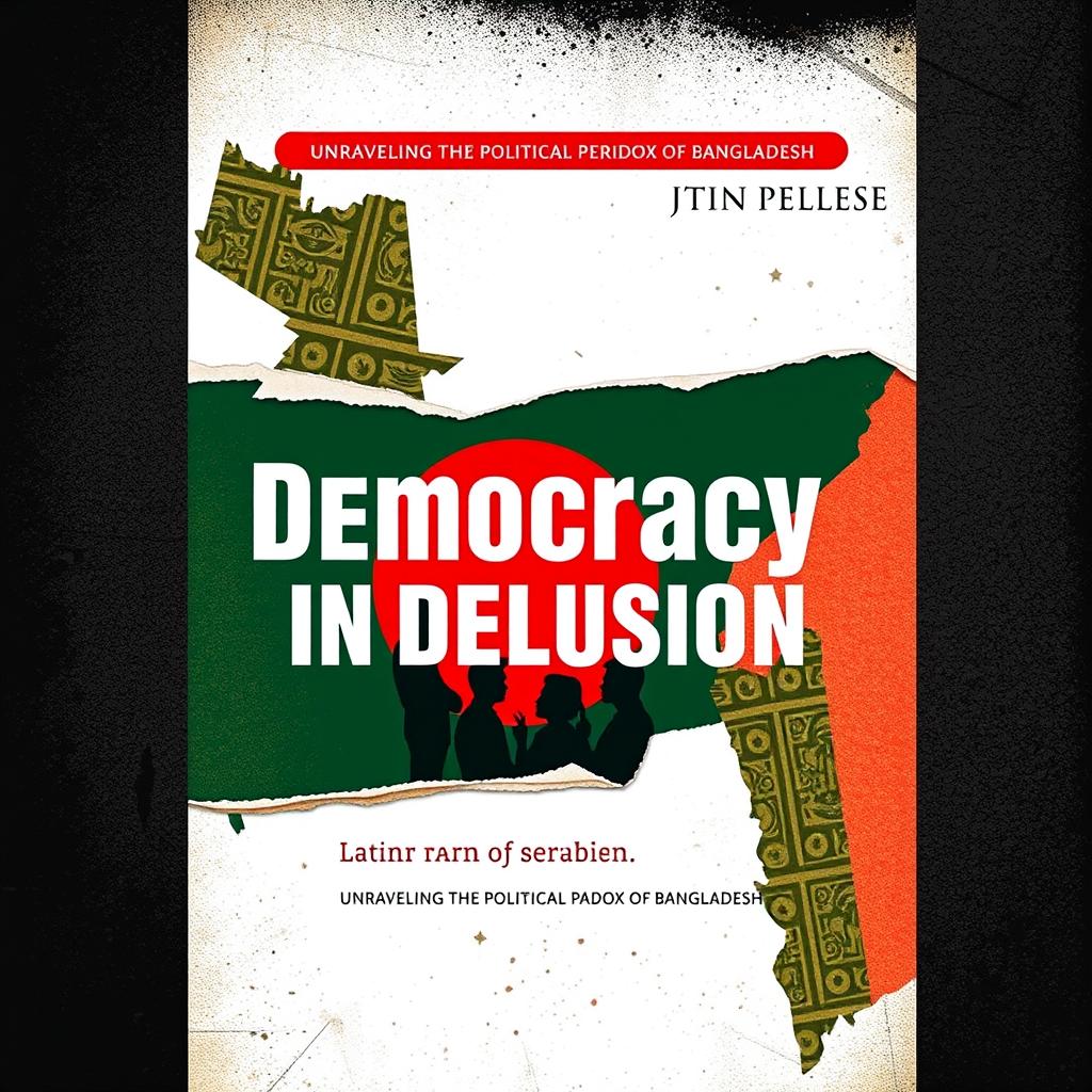 A book cover titled 'Democracy in Delusion: Unraveling the Political Paradox of Bangladesh' designed with a sleek and modern aesthetic