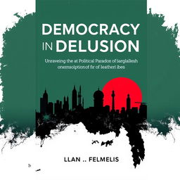 A book cover titled 'Democracy in Delusion: Unraveling the Political Paradox of Bangladesh', designed with a sleek and modern aesthetic