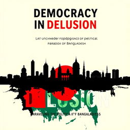 A book cover titled 'Democracy in Delusion: Unraveling the Political Paradox of Bangladesh', designed with a sleek and modern aesthetic