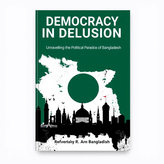 A book cover titled 'Democracy in Delusion: Unraveling the Political Paradox of Bangladesh', designed with a sleek and modern aesthetic