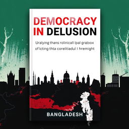 A book cover titled 'Democracy in Delusion: Unraveling the Political Paradox of Bangladesh', designed with a sleek and modern aesthetic