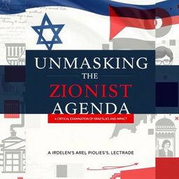 A book cover titled 'Unmasking the Zionist Agenda: A Critical Examination of Israel's Policies and Impact' designed with a sleek and modern aesthetic