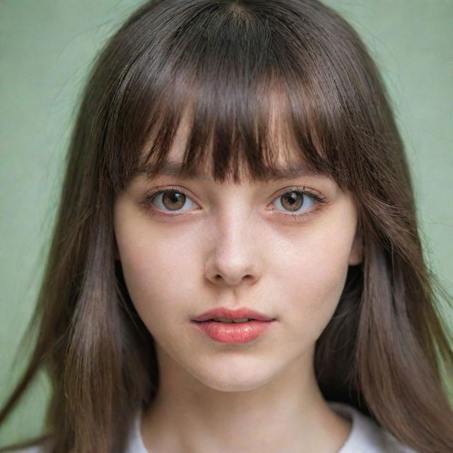 A youthful girl with elegantly cut bangs falling over her expressive eyes.