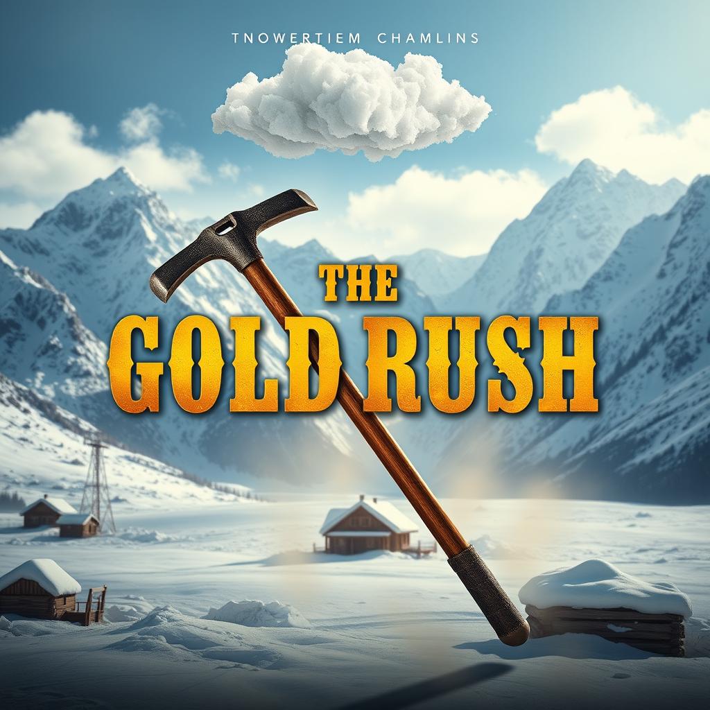 A captivating poster for a short film inspired by Charlie Chaplin's The Gold Rush, showcasing a dramatic and adventurous scene in a snowy mountain landscape