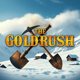 A captivating poster for a short film inspired by Charlie Chaplin's The Gold Rush, showcasing a dramatic and adventurous scene in a snowy mountain landscape