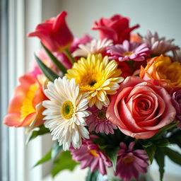 A realistic, detailed close-up of a beautiful flower bouquet, showcasing vibrant colors and intricate petal textures