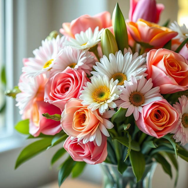 A realistic, detailed close-up of a beautiful flower bouquet, showcasing vibrant colors and intricate petal textures