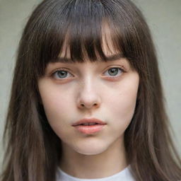 A youthful girl with elegantly cut bangs falling over her expressive eyes.