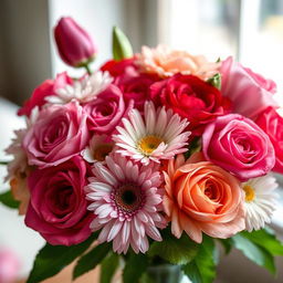 A realistic, detailed close-up of a beautiful flower bouquet, showcasing vibrant colors and intricate petal textures