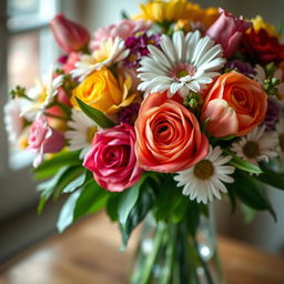 A realistic, detailed close-up of a beautiful flower bouquet, showcasing vibrant colors and intricate petal textures