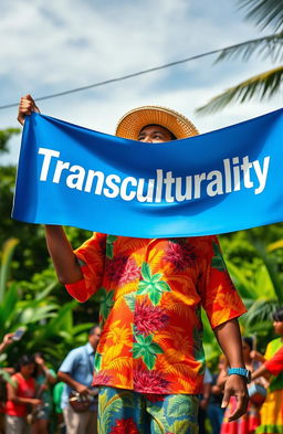 A festive and colorful scene depicting a nisleño (a person from the islands of Puerto Rico) holding a vibrant banner that reads 'Transculturality'