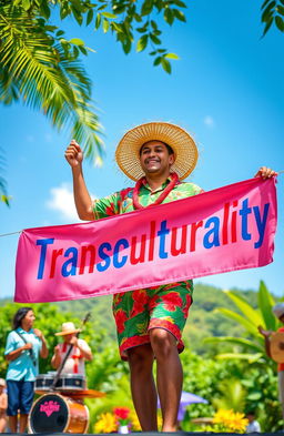 A festive and colorful scene depicting a nisleño (a person from the islands of Puerto Rico) holding a vibrant banner that reads 'Transculturality'